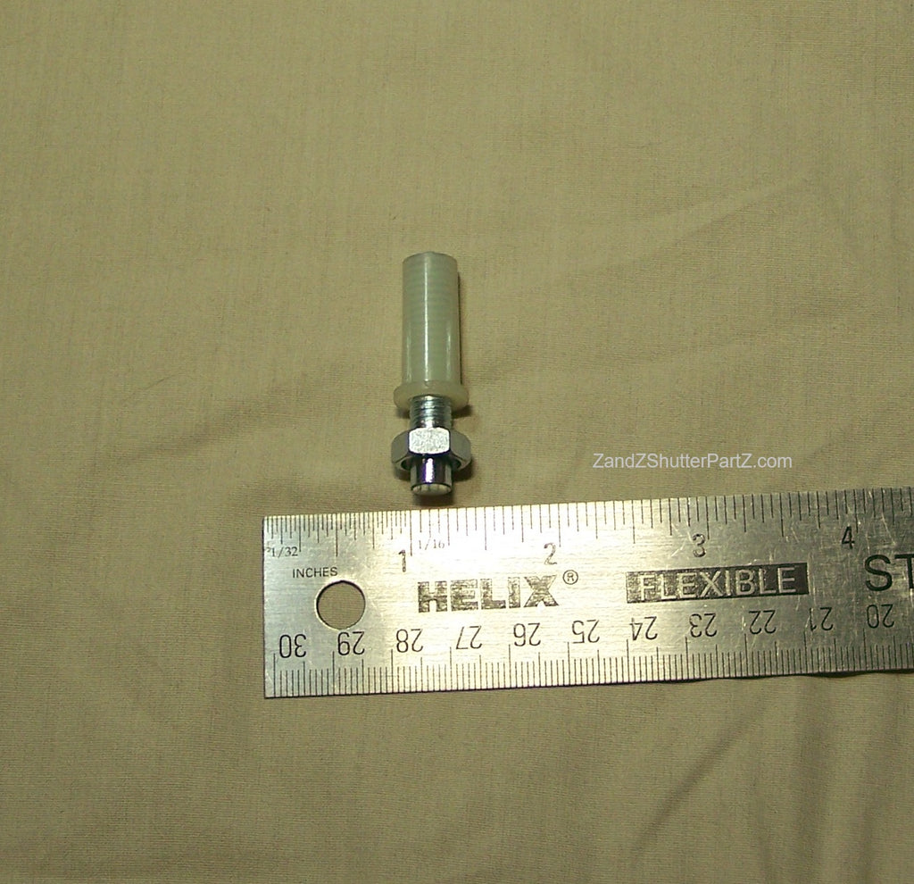 Adjustable Nylon Bottom Pivot shown next to a ruler. Use for Bi-Fold & Bypass Plantation Shutters - Shutter Track Hardware