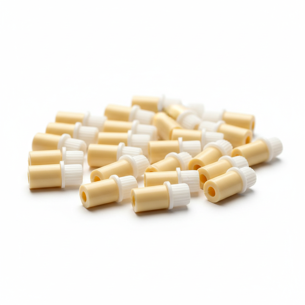 Two-piece tension louver pins for plantation shutters on white background