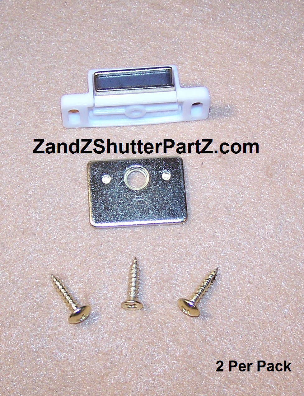 Standard Plantation Shutter Magnet – 13 lb. Pull, White with Brass Strike Plate (2-Pack)